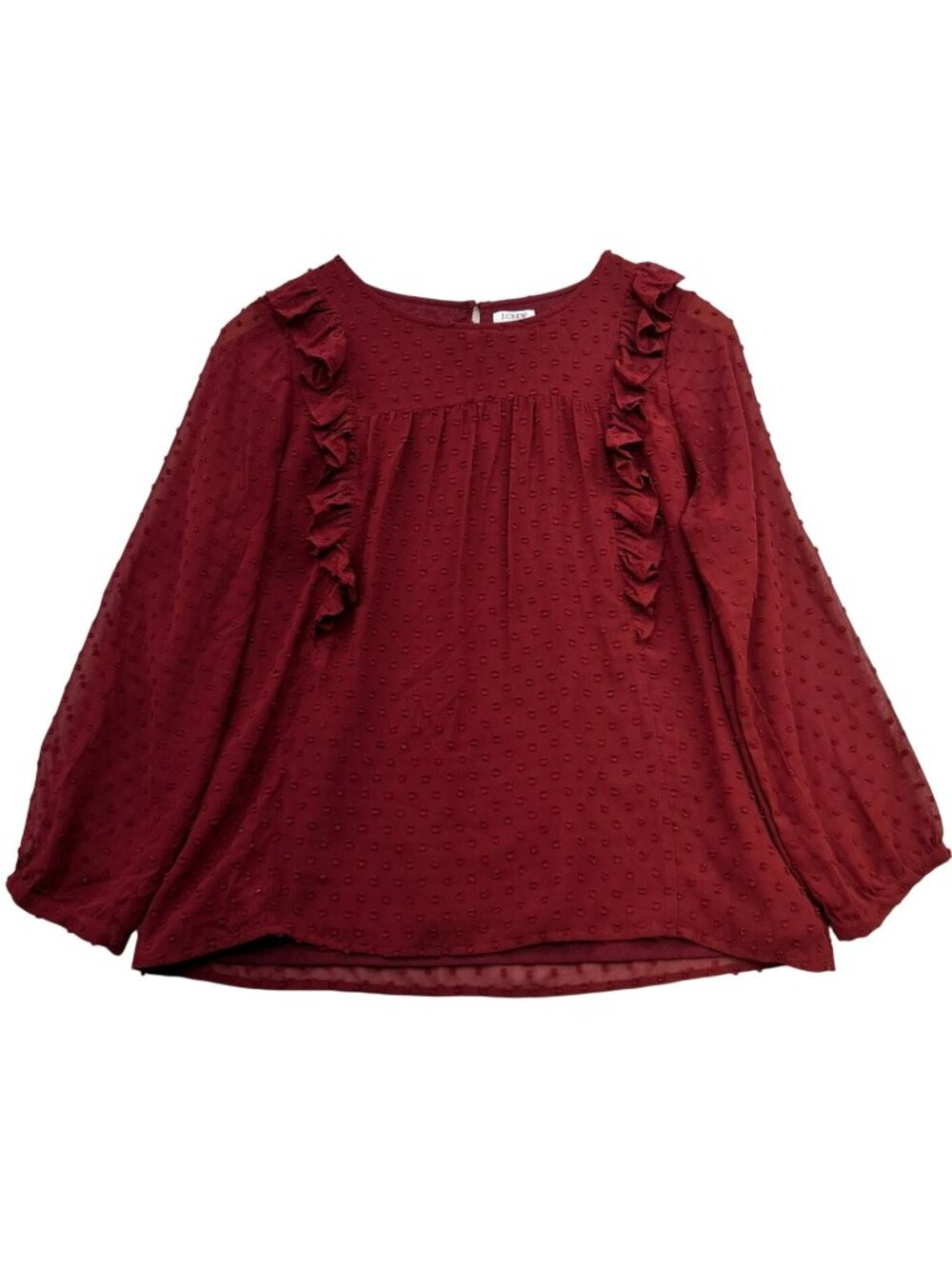 J.Crew Women's Clip Dot Ruffled Blouse Long Sleeve Lightweight Size 6 Maroon